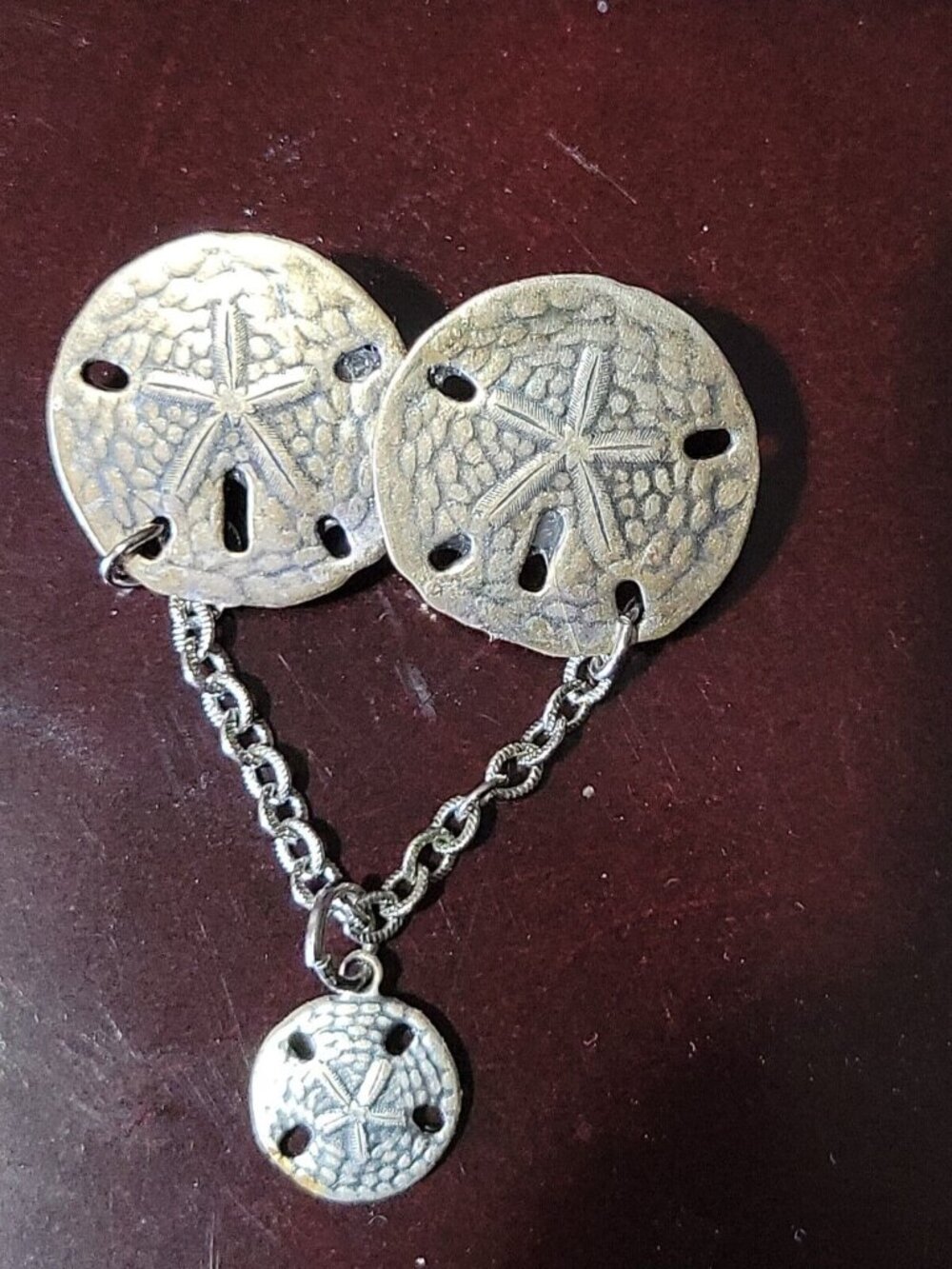 Sand Dollar Brooch Silvertone Double Sand Dollars Smaller Sand Dollar Drop Chain